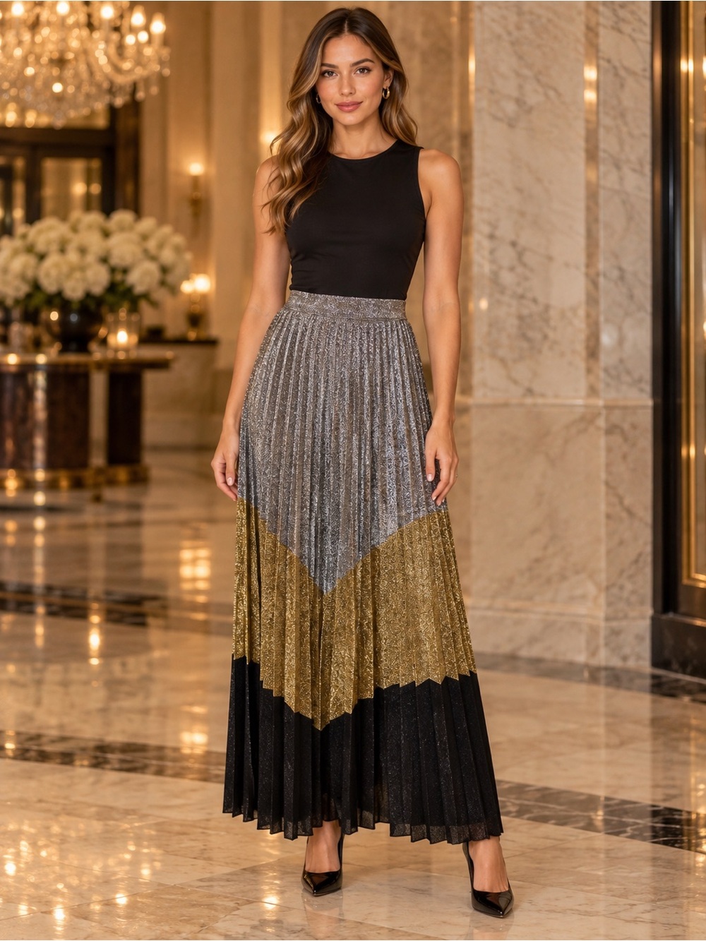 Gracia Metallic Silver Gold Black Pleated Maxi Skirt Size Small